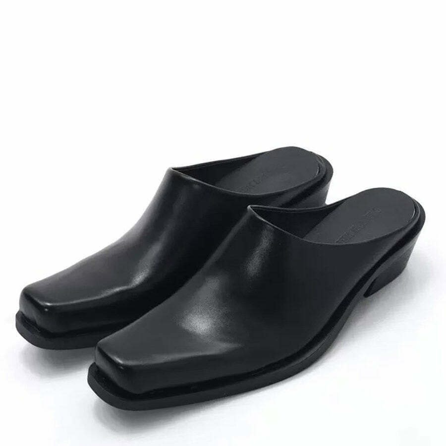 Trendy Square Toe Minimalist Black Mules for Y2K Fashion and Grunge Style Outfits