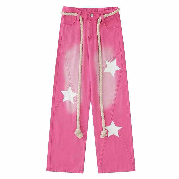 Trendy Star Print Y2K Pink Jeans for Retro Style - Perfect for Y2K Fashion Lovers