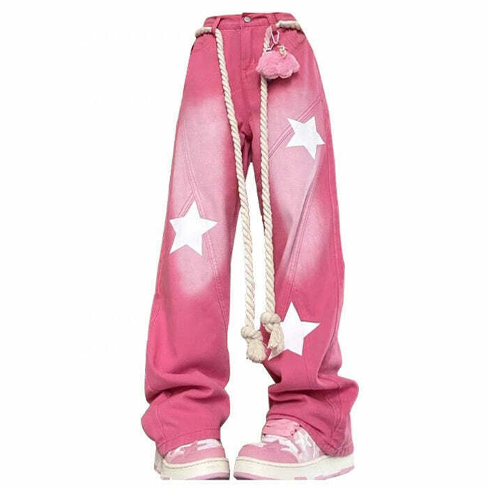 Trendy Star Print Y2K Pink Jeans for Retro Style - Perfect for Y2K Fashion Lovers