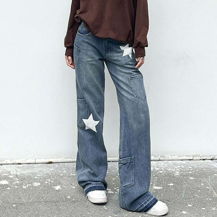 Trendy Star Print Y2K Style Jeans for Grunge and Rap Fashion Enthusiasts