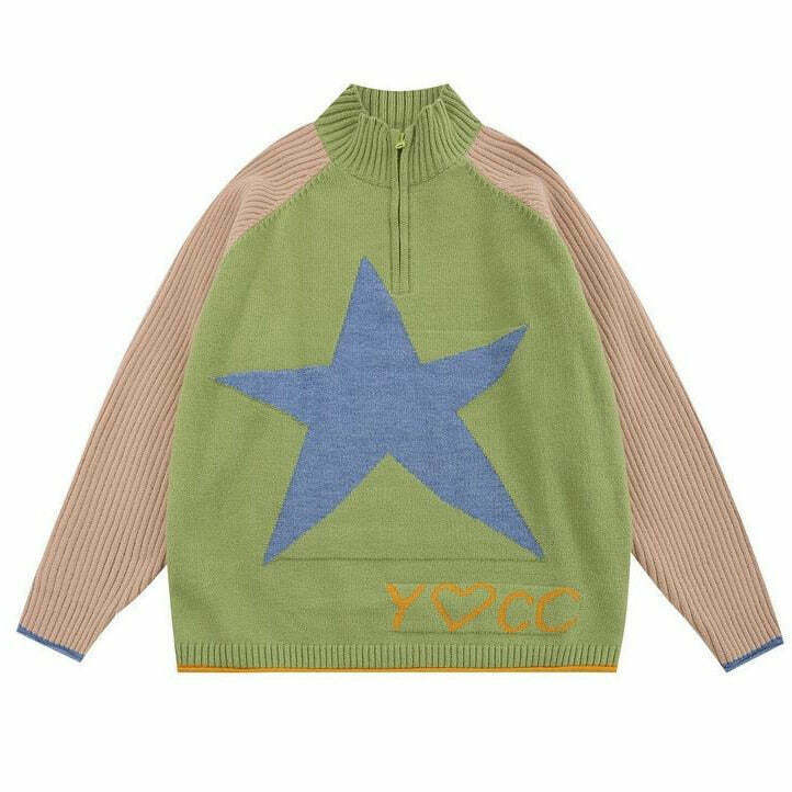 Trendy Star Print Zip Up Jumper - Embrace Y2K Fashion with Grunge Style and Comfort