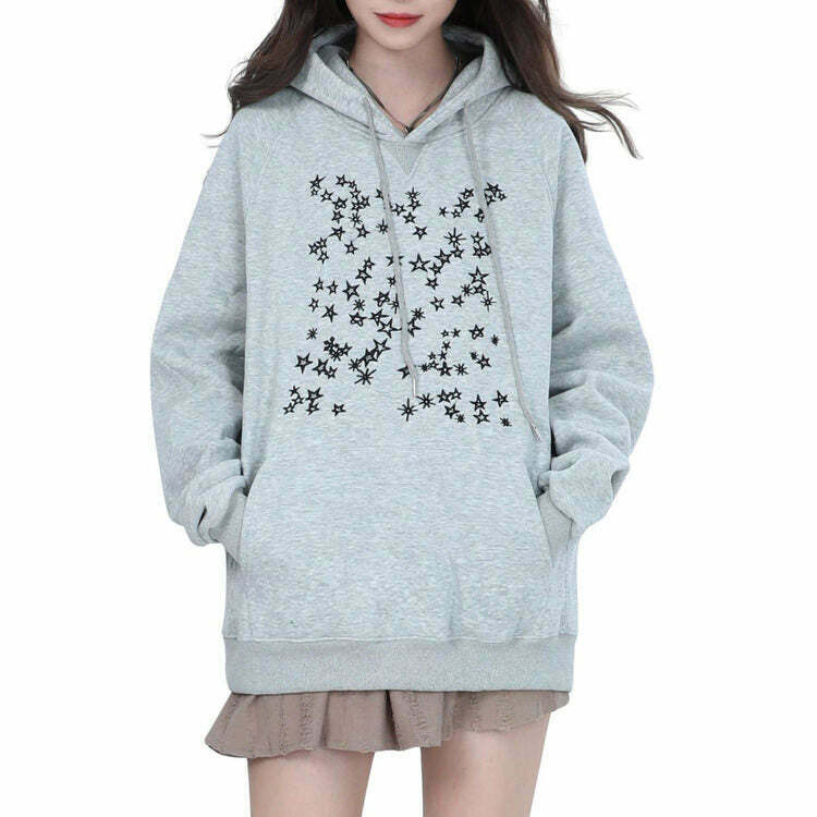 Trendy Stars Embroidery Hoodie - Y2K Streetwear for Indie and Grunge Fashion Lovers