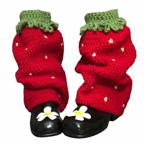 Trendy Strawberry Knit Leg Warmers for Y2K Fashion - Perfect for Grunge and Retro Outfits