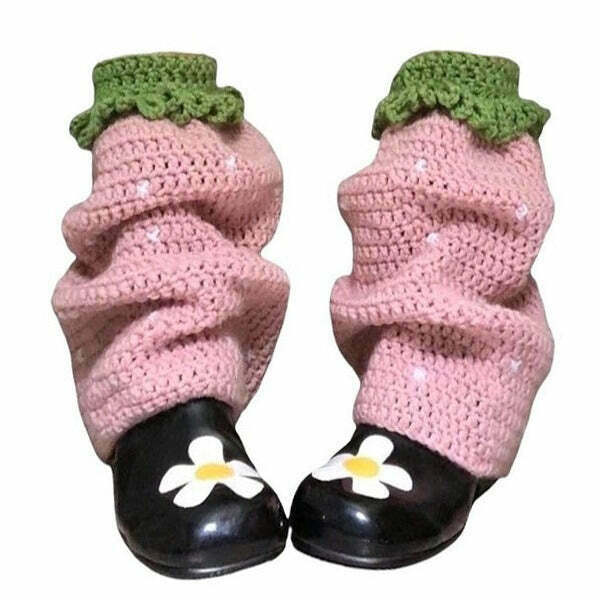 Trendy Strawberry Knit Leg Warmers for Y2K Fashion - Perfect for Grunge and Retro Outfits