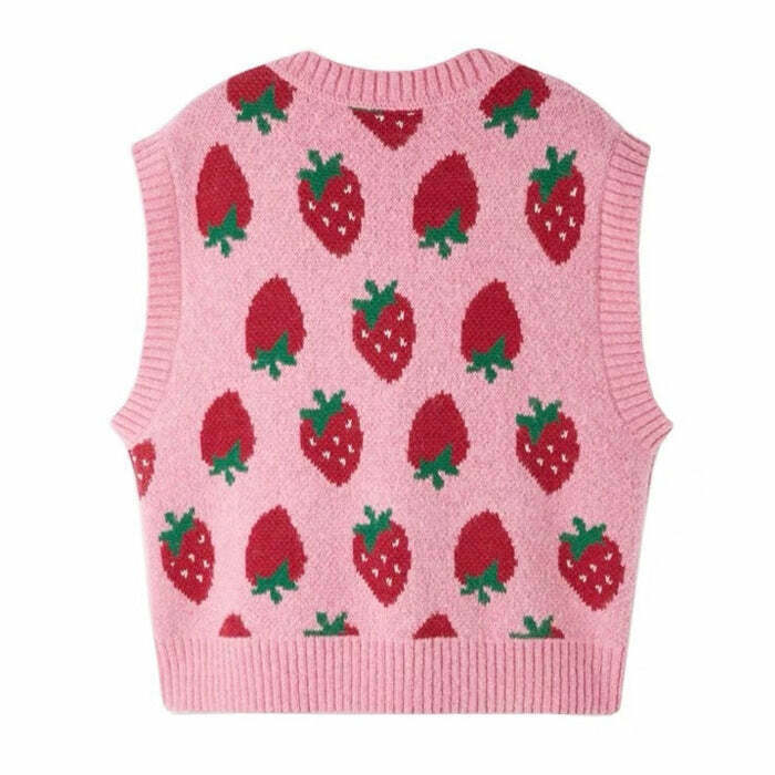 Trendy Strawberry Knit Vest for Y2K Street Style - Perfect for Couples and Baggy Fashion