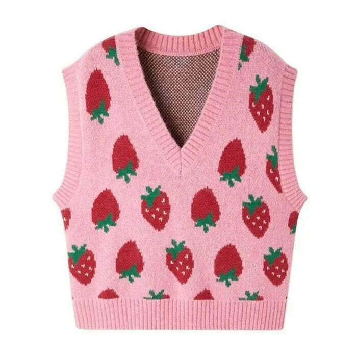 Trendy Strawberry Knit Vest for Y2K Street Style - Perfect for Couples and Baggy Fashion