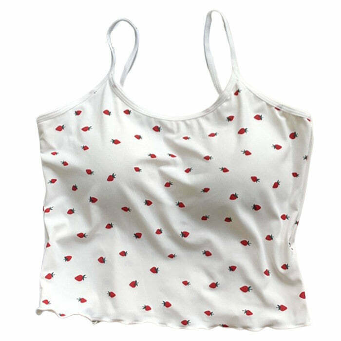 Trendy Strawberry Print Tank Top with Bow Tie Detail - Y2K Inspired Fashion Essential