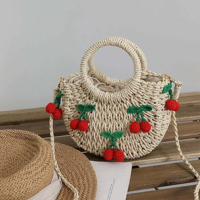 Trendy Strawberry Straw Bag for Y2K Fashion: Perfect for Grunge, Pop, and Cyber Styles