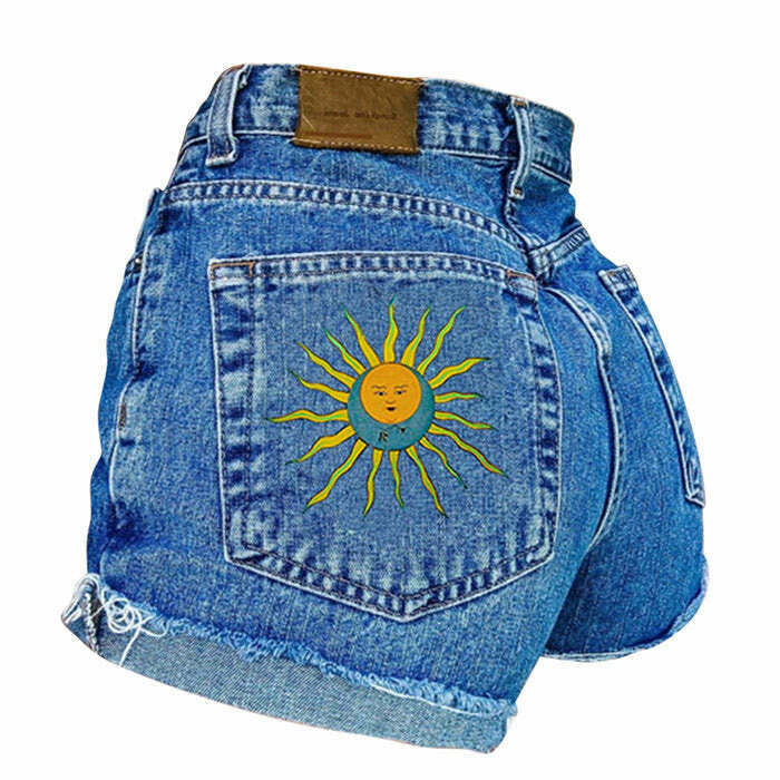 Trendy Sun and Moon Embroidered Shorts for Y2K Fashion - Stylish Baggy Menswear