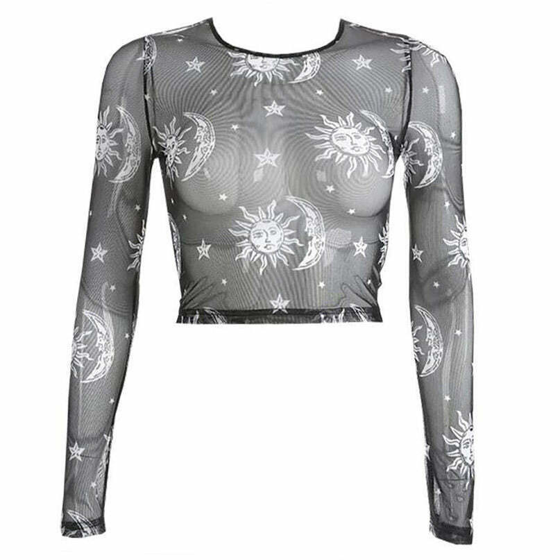 Trendy Sun and Moon Mesh Top - Y2K Style for Men and Women | New Y2K Fashion Must-Have