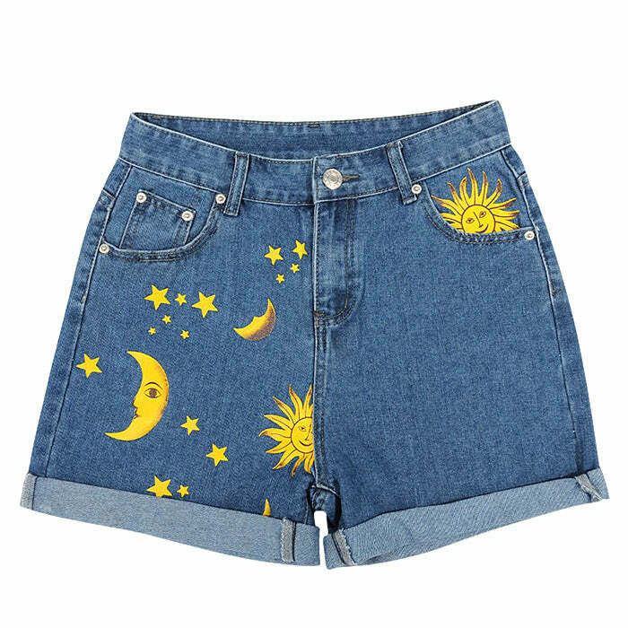 Trendy Sun and Moon Print Shorts for Y2K Style - Perfect for Goth and Rapper Outfits