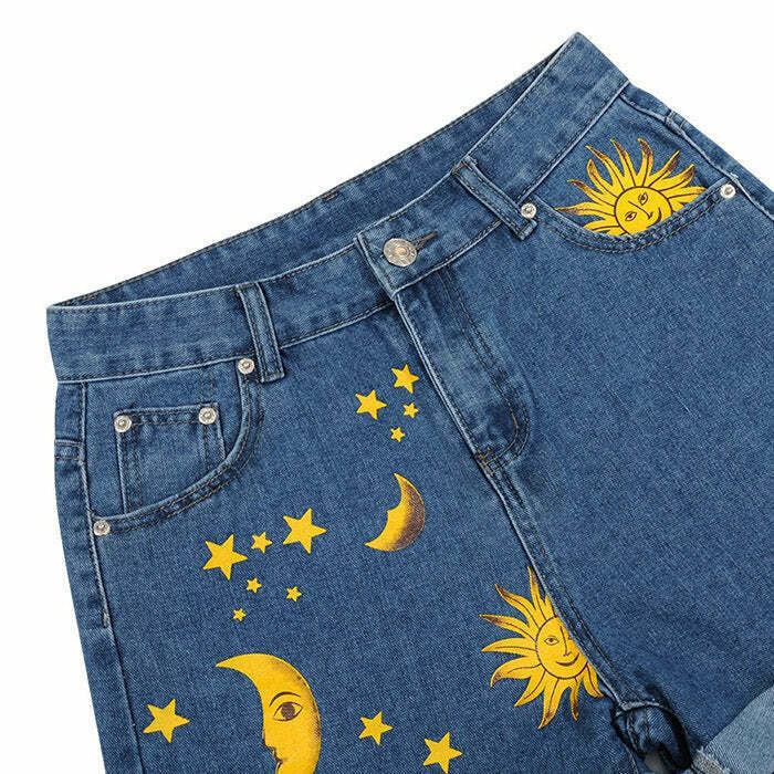 Trendy Sun and Moon Print Shorts for Y2K Style - Perfect for Goth and Rapper Outfits