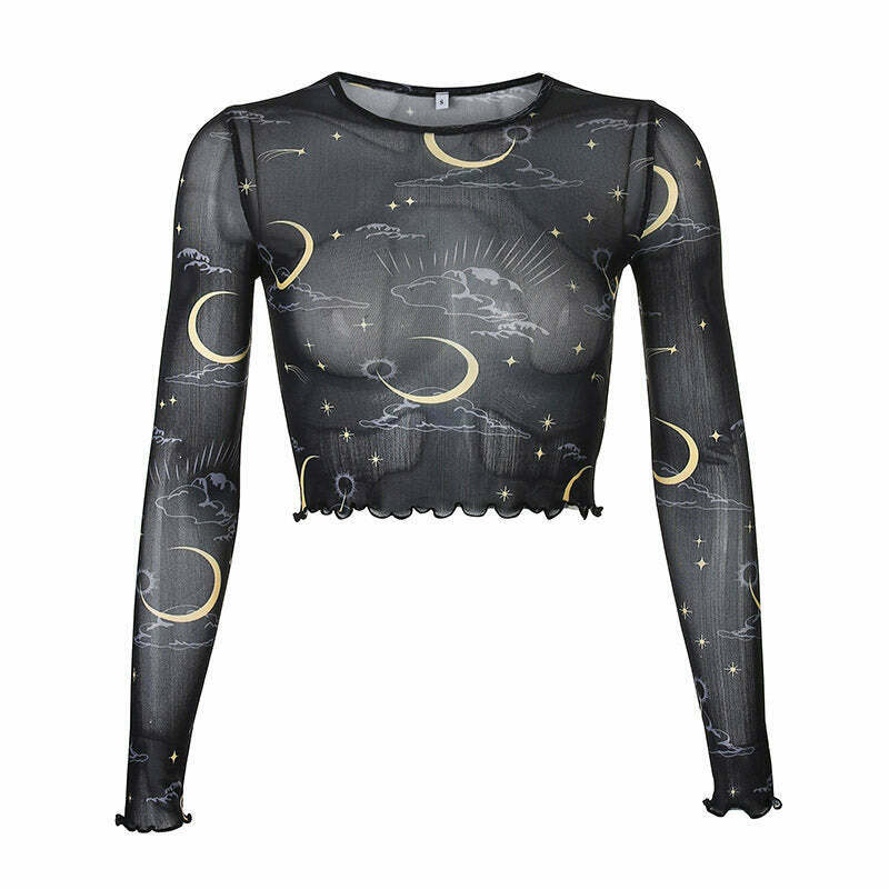 Trendy Sun & Moon Mesh Top - Y2K Fashion Essential for Stylish Outfits & Accessories