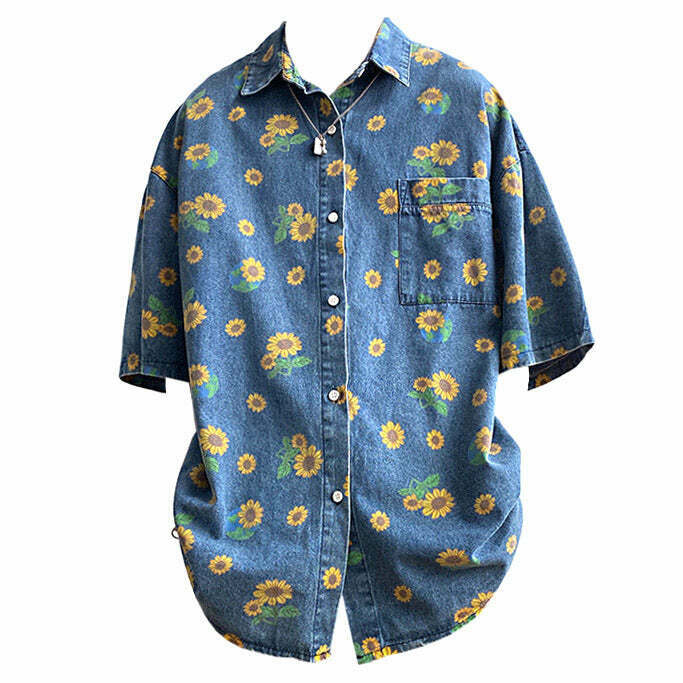 Trendy Sunflowers Denim Shirt - Y2K Style for Kpop Fashion & Unique Outfits