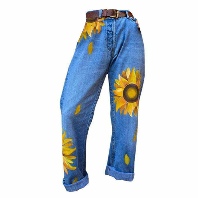 Trendy Sunflowers Mom Jeans - Embrace Y2K Style with Vintage Grunge Fashion