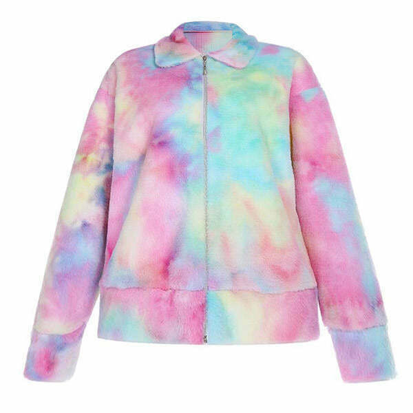 Trendy Tie Dye Teddy Jacket - Y2K Grunge Zip Up for Stylish Outfits & Fashion Lovers