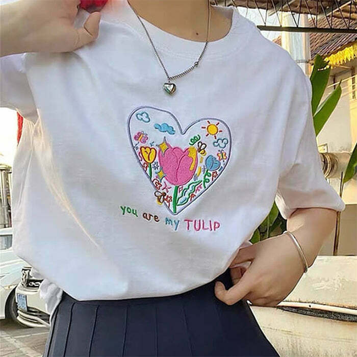 Trendy Tulip Embroidery T-Shirt for Y2K Fashion Lovers - Aesthetic Grunge Style Tee