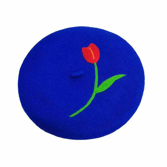 Trendy Tulip Embroidery Wool Beret - Y2K Style Accessory for Retro Outfits