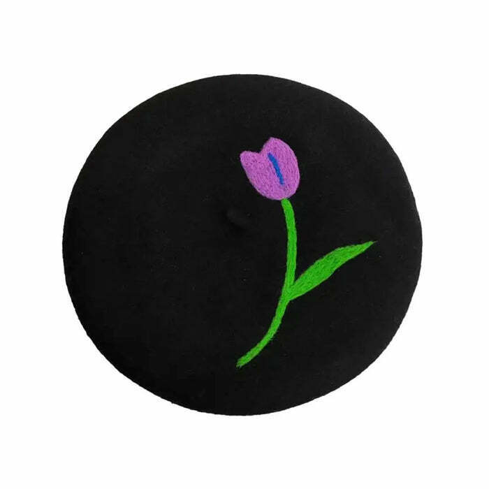 Trendy Tulip Embroidery Wool Beret - Y2K Style Accessory for Retro Outfits