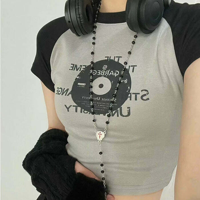 Trendy Vinyl Print Crop Top for Y2K Fashion - Stylish Gacha Outfits & Gothic Styles