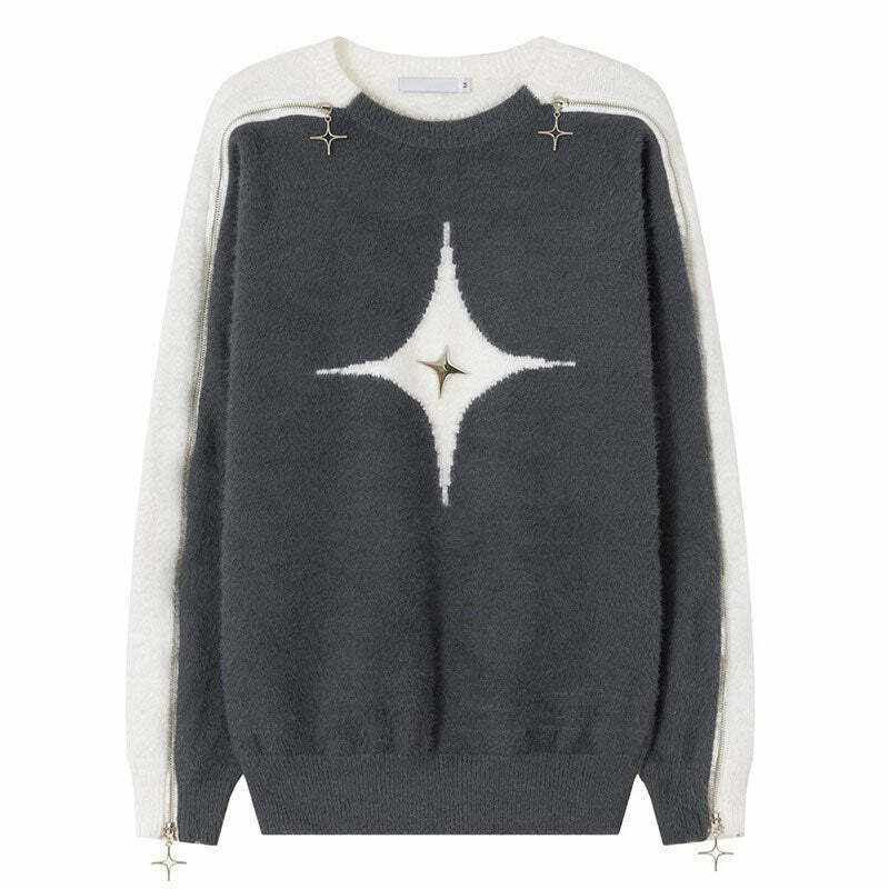 Trendy White Star Open-Shoulder Sweater for Y2K Grunge and Tokyo Fashion Lovers