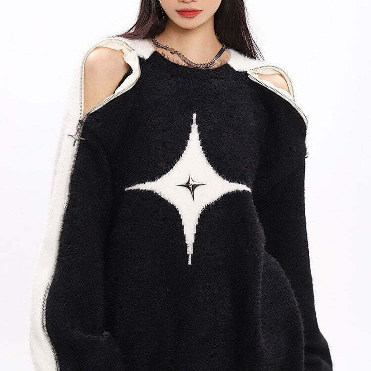 Trendy White Star Open-Shoulder Sweater for Y2K Grunge and Tokyo Fashion Lovers