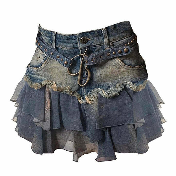 Trendy Y2K Aesthetic Denim Ruffled Skirt for Stylish 2000s Fashion Lovers