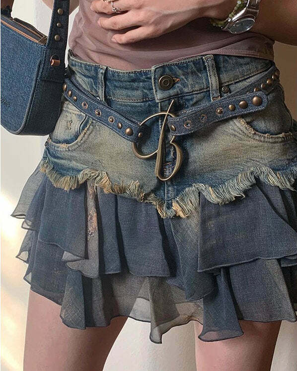 Trendy Y2K Aesthetic Denim Ruffled Skirt for Stylish 2000s Fashion Lovers