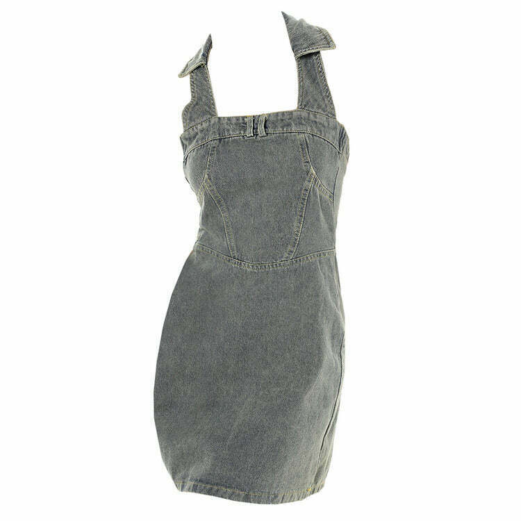 Trendy Y2K Aesthetic Halter Denim Dress for Retro 2000s Fashion Lovers