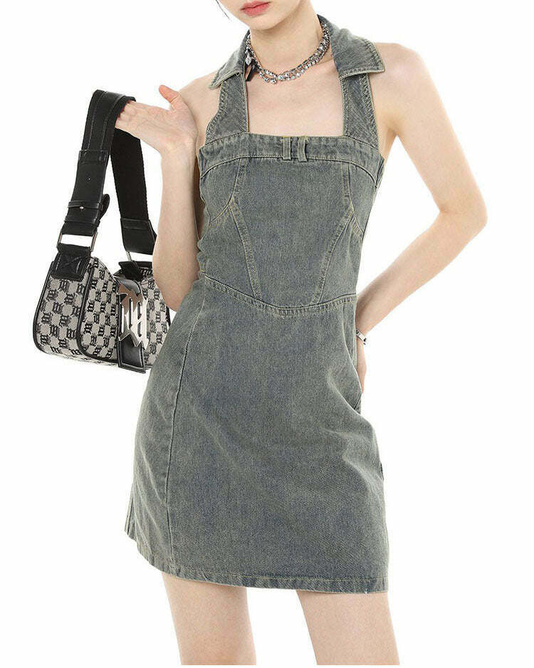 Trendy Y2K Aesthetic Halter Denim Dress for Retro 2000s Fashion Lovers