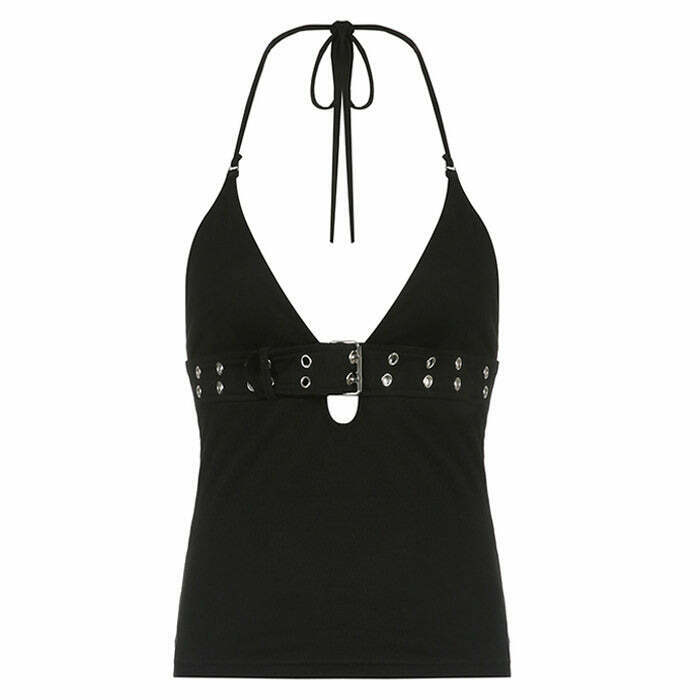 Trendy Y2K Buckle Halter Top for High Fashion Looks - Grunge & Goth Style Outfits