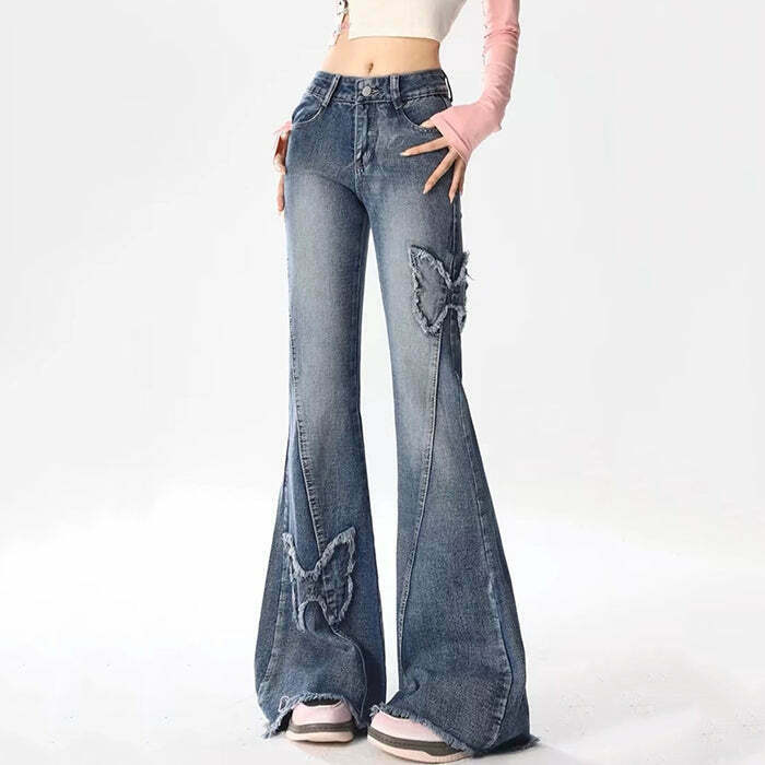 Trendy Y2K Butterfly Flare Jeans for Men - Stylish Low Rise Denim for a Retro Look