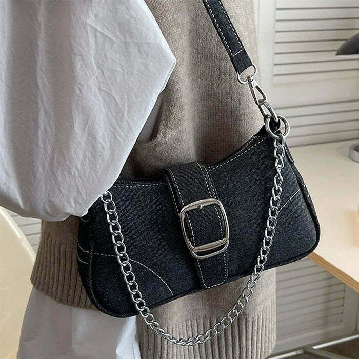 Trendy Y2K Denim Baguette Bag - Perfect for Korean Style Outfits and 2000s Fashion