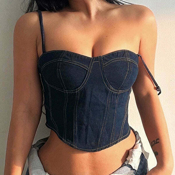 Trendy Y2K Denim Corset for Stylish Outfits - Embrace Y2K Fashion and Grunge Style