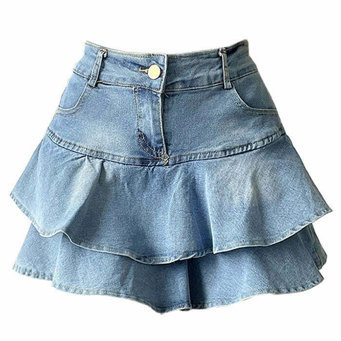 Trendy Y2K Denim Ruffled Skirt for Stylish Outfits - Embrace the Y2K Fashion Revival