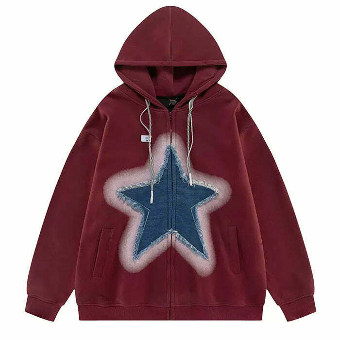 Trendy Y2K Denim Star Zip Up Hoodie for Stylish Skaters and Fashion Enthusiasts