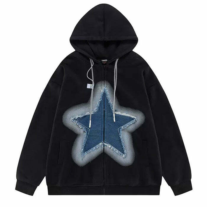 Trendy Y2K Denim Star Zip Up Hoodie for Stylish Skaters and Fashion Enthusiasts