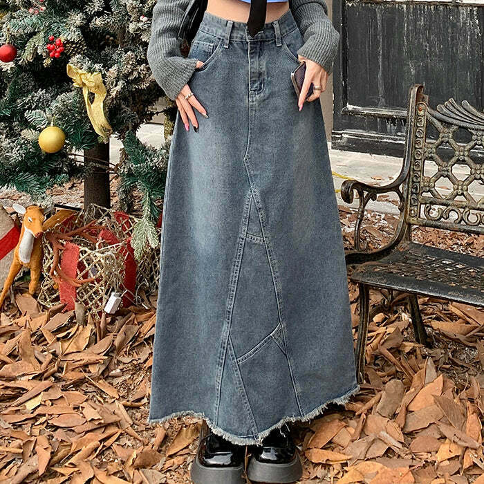 Trendy Y2K Grunge Denim Long Skirt for Women - Retro 2000s Fashion Must-Have