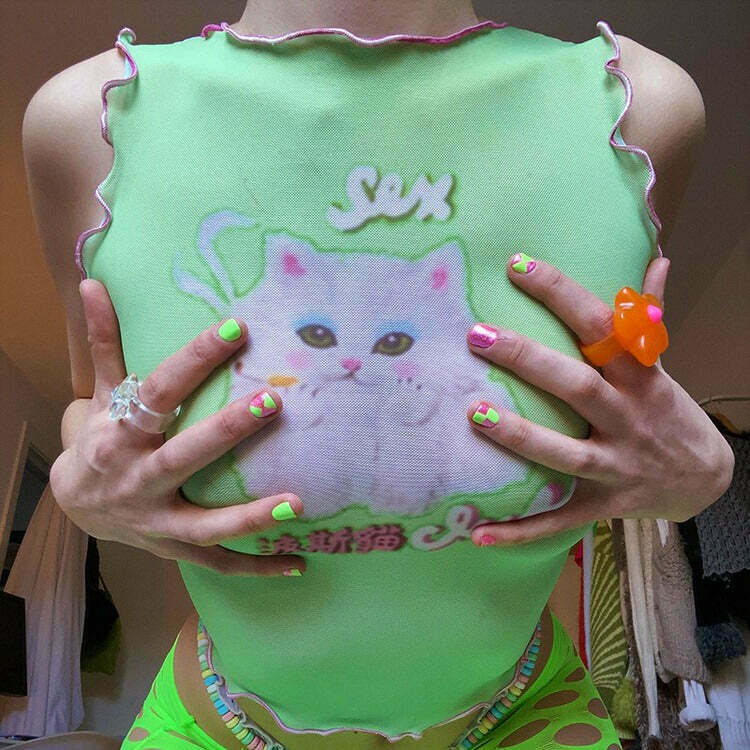 Trendy Y2K Kitty Crop Top - Stylish White Y2K Grunge Fashion for Classy Outfits