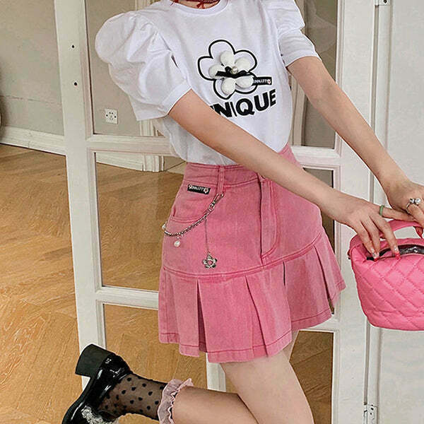 Trendy Y2K Pink Denim Skirt for Stylish Outfits - Perfect for Grunge and Emo Fashion