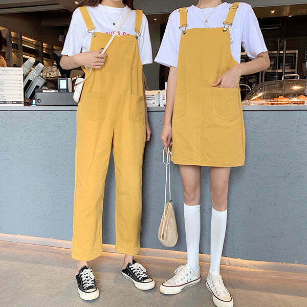 Trendy Y2K School Bus Dungarees for Retro Fashion Lovers - Stylish and Versatile Outfit