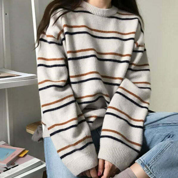 Trendy Y2K Striped Sweater in White, Brown, and Cream - Grunge & Indie Style Fashion