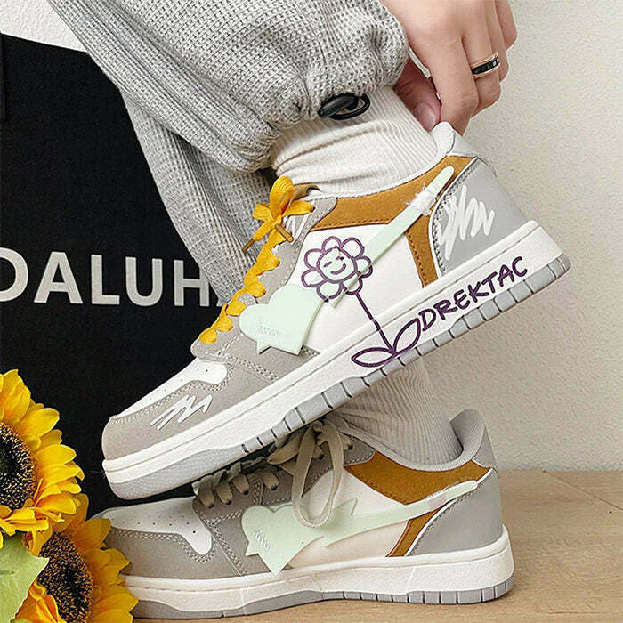 Trendy Yellow & Grey Flower Sneakers for Y2K Fashion Lovers - Embrace 2000s Style