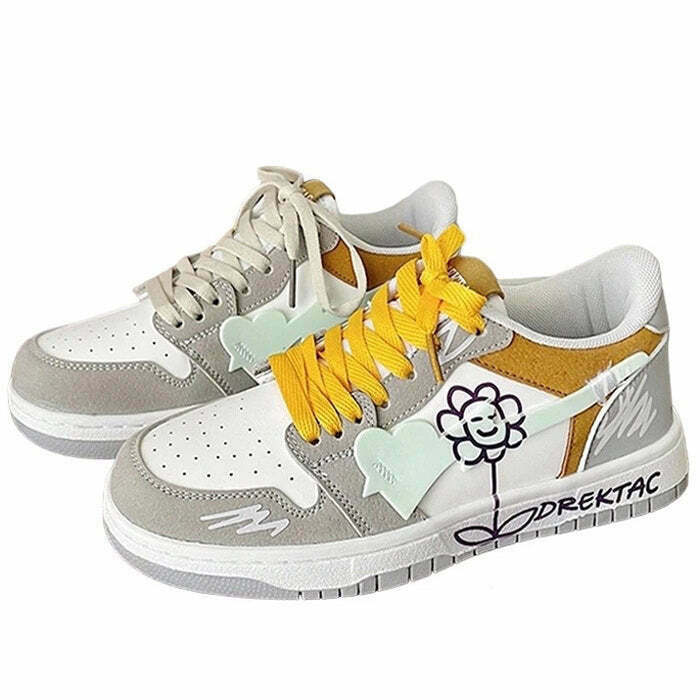 Trendy Yellow & Grey Flower Sneakers for Y2K Fashion Lovers - Embrace 2000s Style