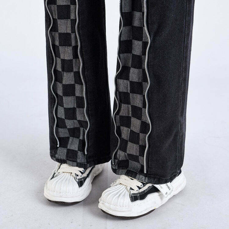 Trendy Zip Up Checker Jeans for Y2K Style - Perfect for Grunge and Latina Fashion