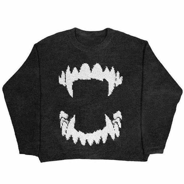 Vampire Teeth Oversized Sweater - Trendy Y2K Fashion for Grunge and Aesthetic Outfits