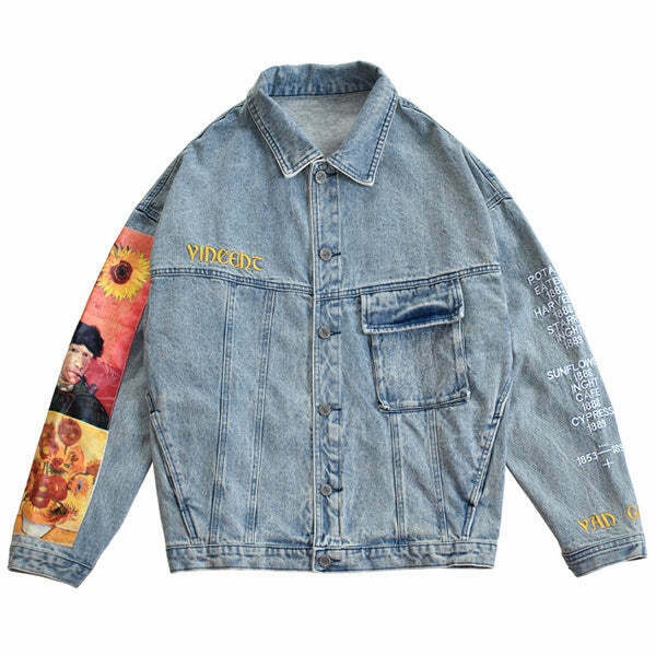 Van Gogh Denim Jacket - Y2K Style Grunge Outfit for Trendy Looks and Unique Fashion