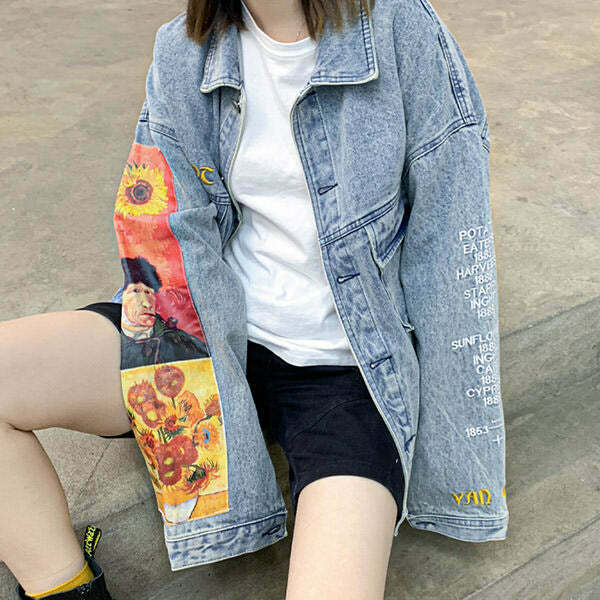 Van Gogh Denim Jacket - Y2K Style Grunge Outfit for Trendy Looks and Unique Fashion