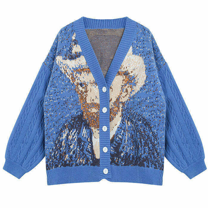 Van Gogh Self-Portrait Knit Cardigan - Trendy Y2K Grunge & Cyber Fashion for Unique Style