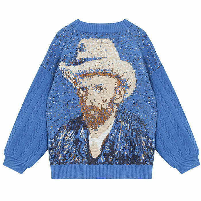 Van Gogh Self-Portrait Knit Cardigan - Trendy Y2K Grunge & Cyber Fashion for Unique Style